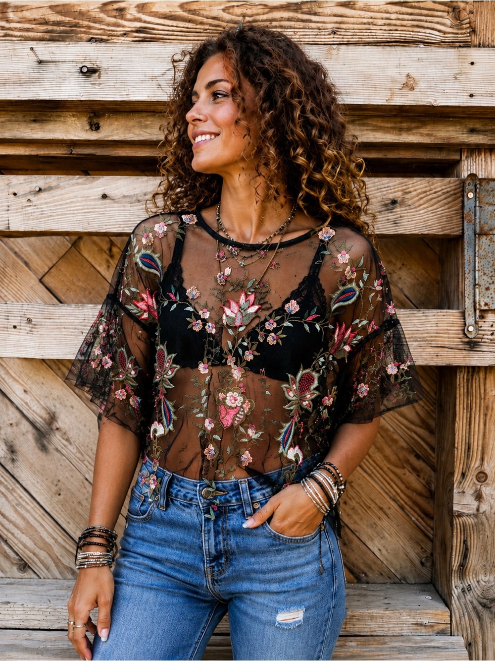 💞 Dalia Sheer Black Floral Embroidered Blouse